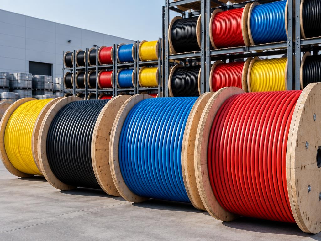 Colour-coded electrical cable drums ready for project supply