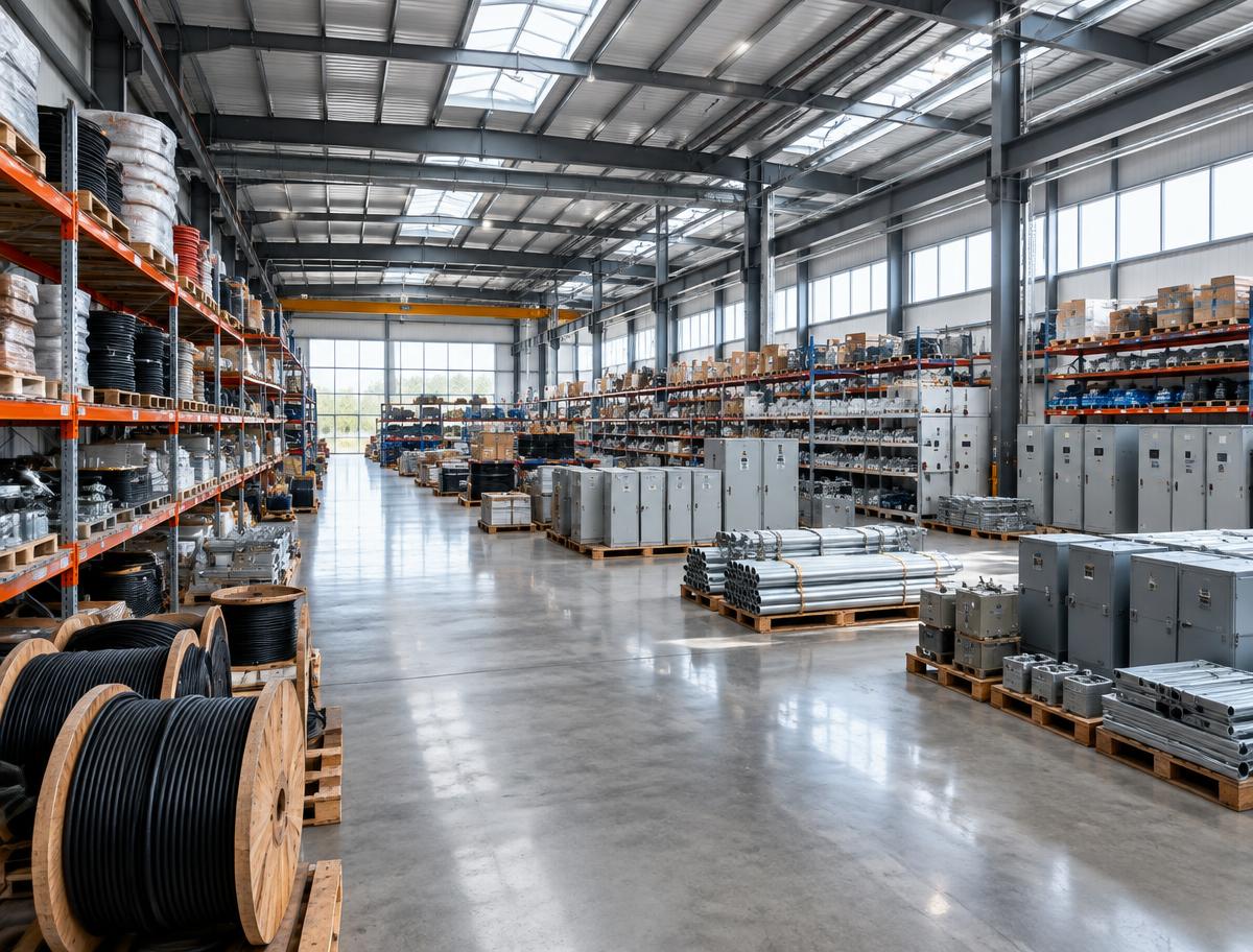 Organized industrial project supply materials in a modern warehouse